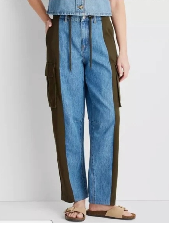 Future Collective Pants - Future Collective Women's Mid-Rise Barrel Leg Mixed Fabric Jeans Blue Denim